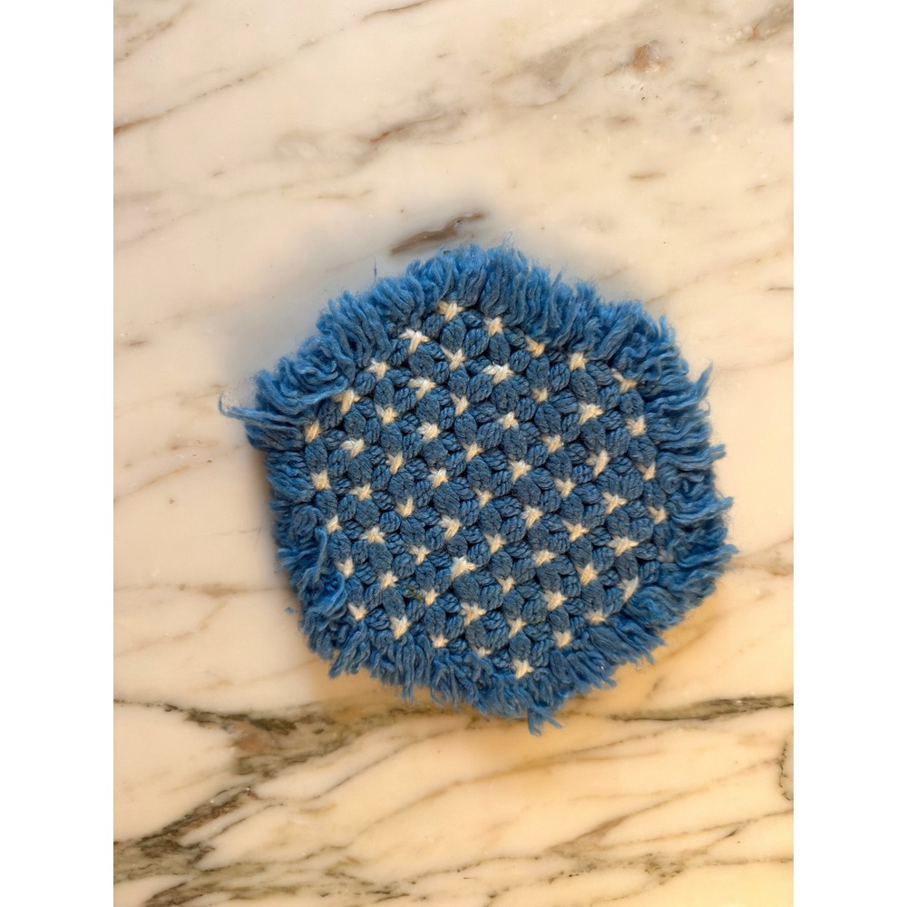 Vintage Handmade Blue & White Crochet Trivet Hot Pad 8" Cottage Kitchen
